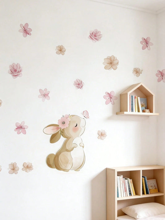 1pc Bohemian Style Rabbit, Butterfly & Floral Self-Adhesive Wall Decal, Suitable For Nursery, Living Room & Bedroom Decor