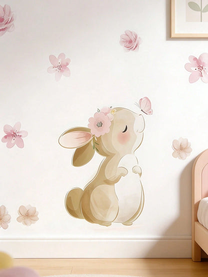 1pc Bohemian Style Rabbit, Butterfly & Floral Self-Adhesive Wall Decal, Suitable For Nursery, Living Room & Bedroom Decor