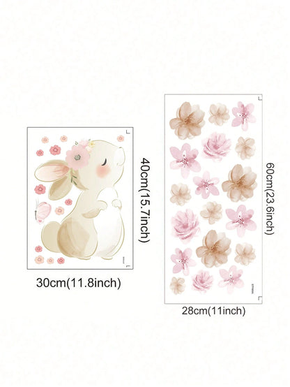 1pc Bohemian Style Rabbit, Butterfly & Floral Self-Adhesive Wall Decal, Suitable For Nursery, Living Room & Bedroom Decor