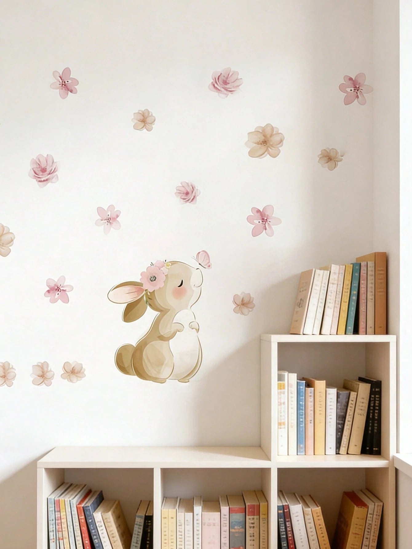 1pc Bohemian Style Rabbit, Butterfly & Floral Self-Adhesive Wall Decal, Suitable For Nursery, Living Room & Bedroom Decor