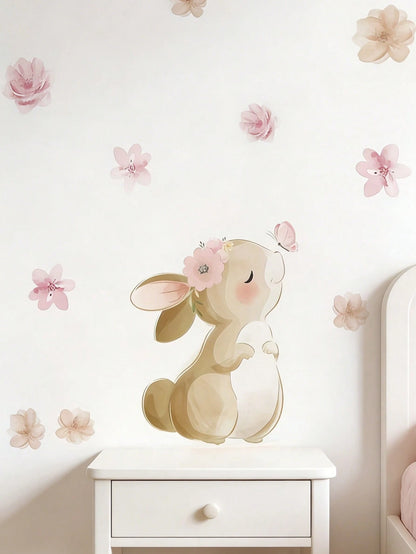 1pc Bohemian Style Rabbit, Butterfly & Floral Self-Adhesive Wall Decal, Suitable For Nursery, Living Room & Bedroom Decor