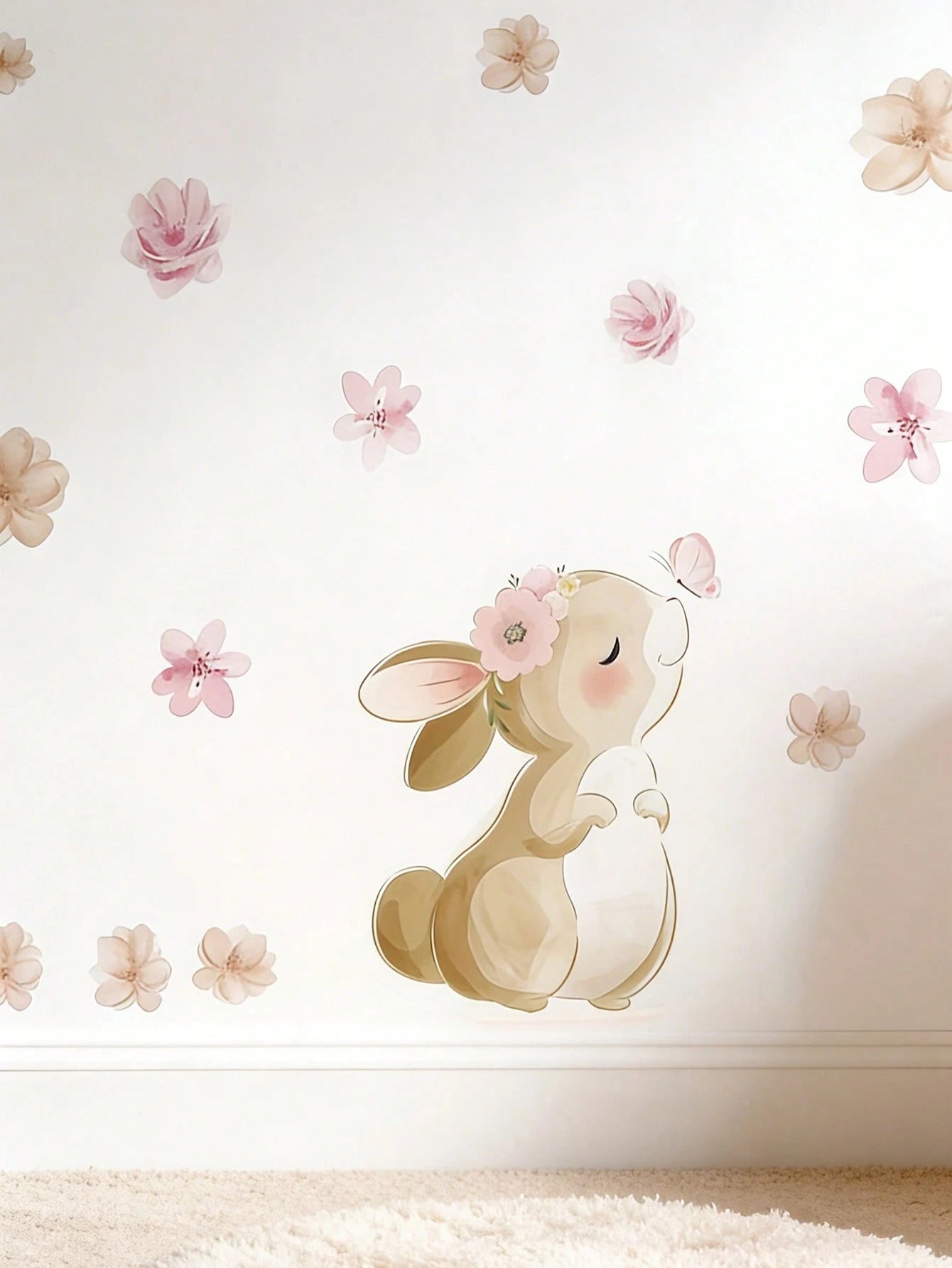 1pc Bohemian Style Rabbit, Butterfly & Floral Self-Adhesive Wall Decal, Suitable For Nursery, Living Room & Bedroom Decor