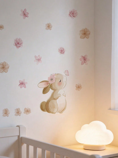 1pc Bohemian Style Rabbit, Butterfly & Floral Self-Adhesive Wall Decal, Suitable For Nursery, Living Room & Bedroom Decor