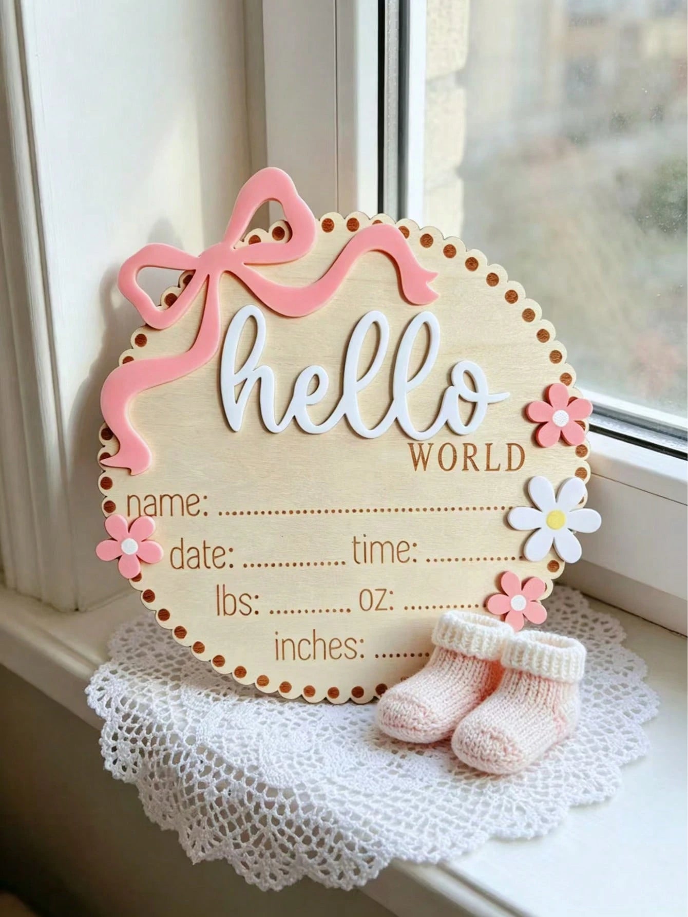 1pc Bow & Flower Decor Round 3D Hello World Wooden Birth Announcement Sign, Customizable Newborn Birth Information Name Memorial Plaque, Newborn Photo Prop, Baby Shower Welcome Party Keepsake Gift For