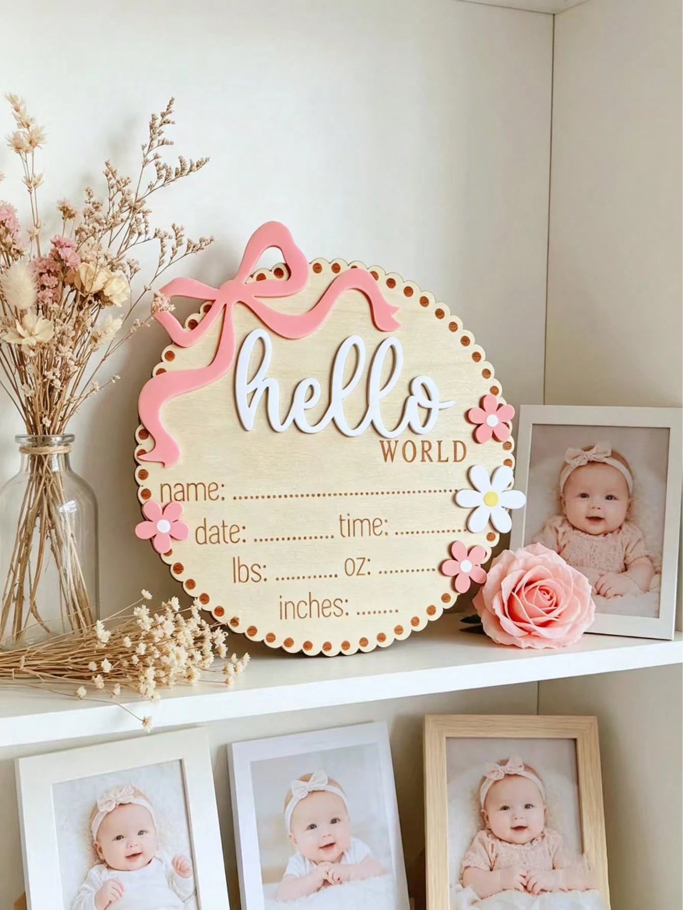 1pc Bow & Flower Decor Round 3D Hello World Wooden Birth Announcement Sign, Customizable Newborn Birth Information Name Memorial Plaque, Newborn Photo Prop, Baby Shower Welcome Party Keepsake Gift For