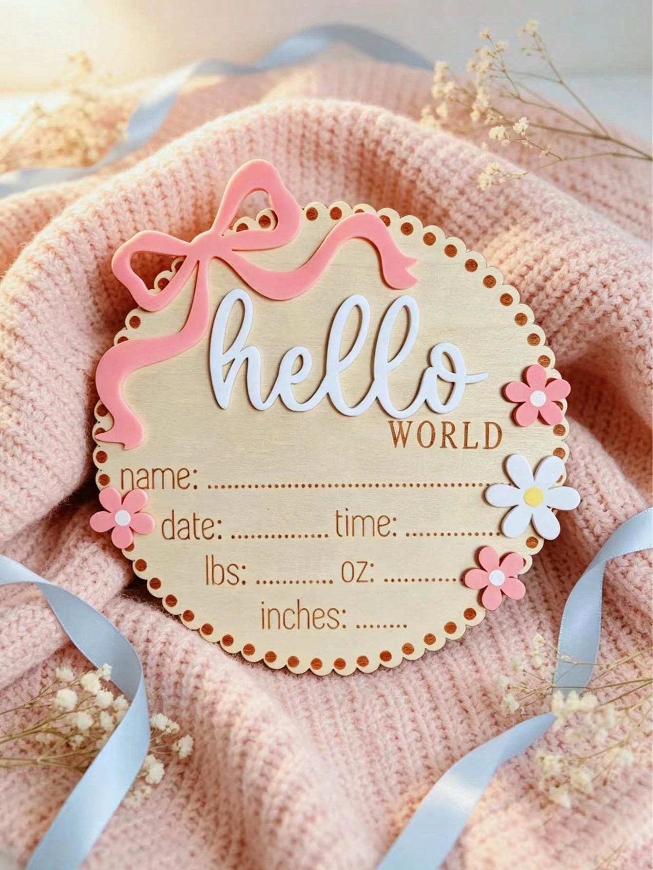1pc Bow & Flower Decor Round 3D Hello World Wooden Birth Announcement Sign, Customizable Newborn Birth Information Name Memorial Plaque, Newborn Photo Prop, Baby Shower Welcome Party Keepsake Gift For