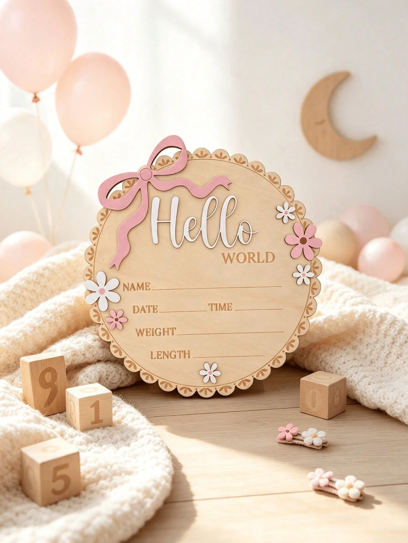 1pc Bow & Flower Decor Round 3D Hello World Wooden Birth Announcement Sign, Customizable Newborn Birth Information Name Memorial Plaque, Newborn Photo Prop, Baby Shower Welcome Party Keepsake Gift For