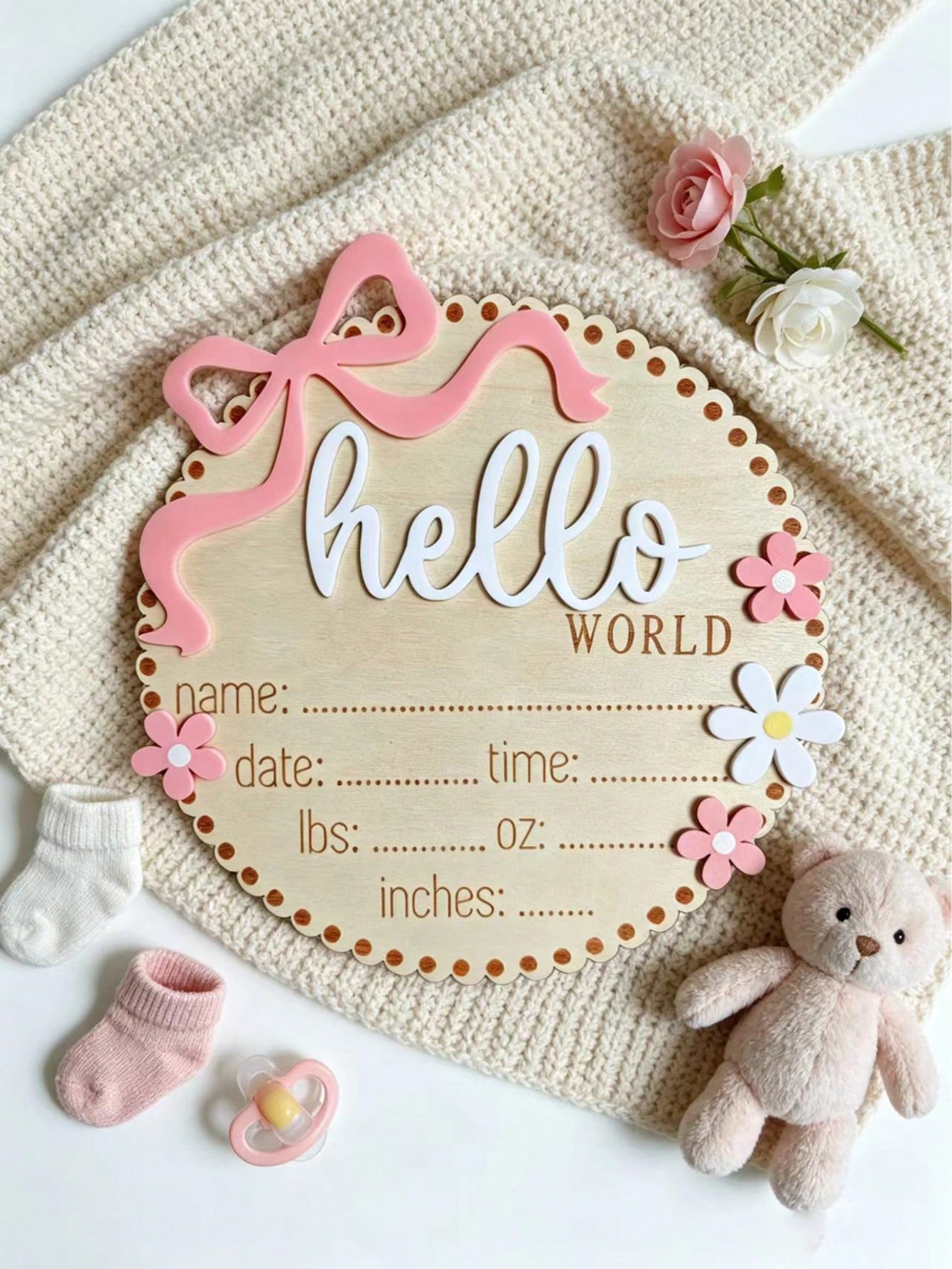 1pc Bow & Flower Decor Round 3D Hello World Wooden Birth Announcement Sign, Customizable Newborn Birth Information Name Memorial Plaque, Newborn Photo Prop, Baby Shower Welcome Party Keepsake Gift For