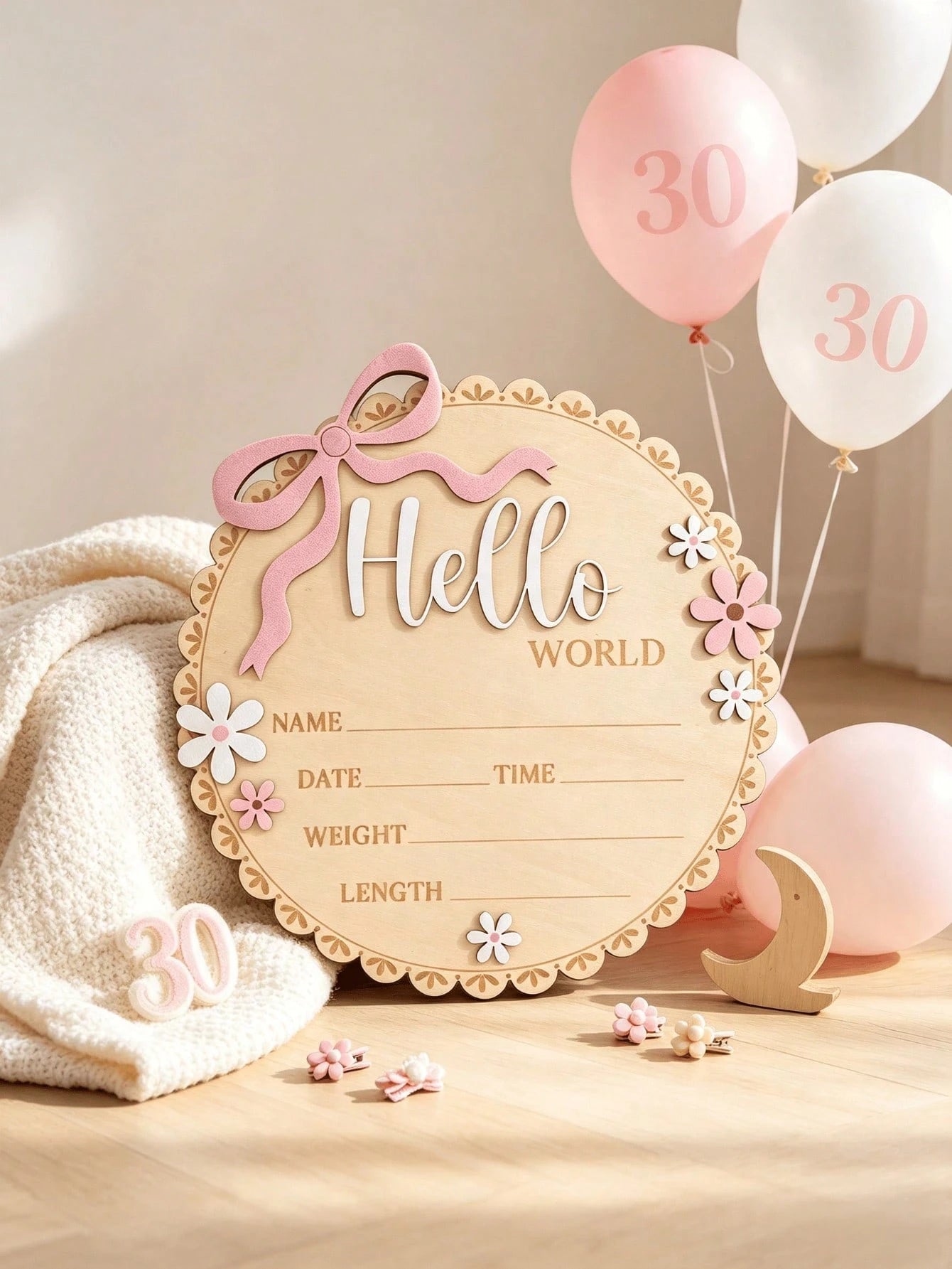 1pc Bow & Flower Decor Round 3D Hello World Wooden Birth Announcement Sign, Customizable Newborn Birth Information Name Memorial Plaque, Newborn Photo Prop, Baby Shower Welcome Party Keepsake Gift For