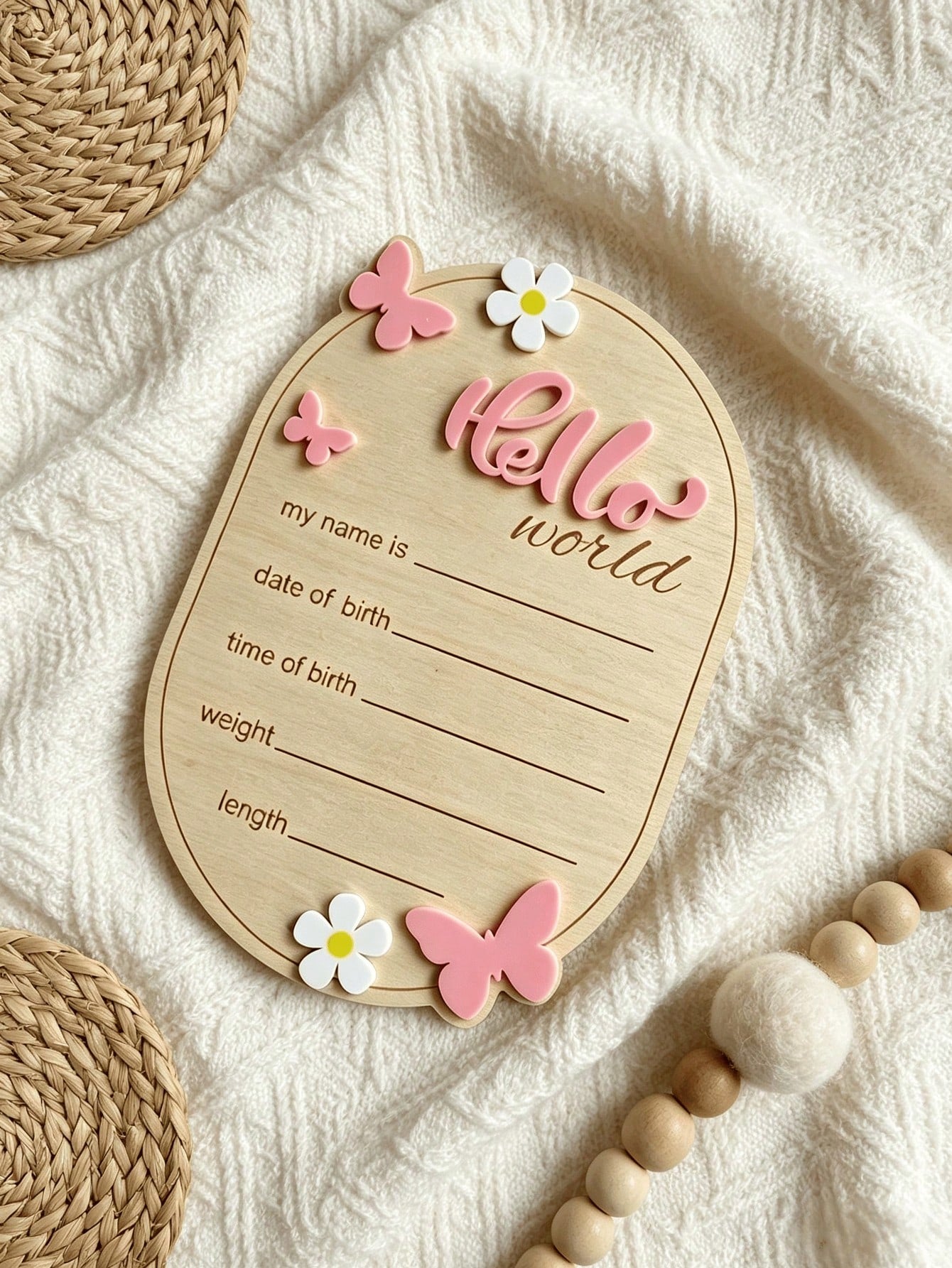1pc Bow & Flower Decor Round 3D Hello World Wooden Birth Announcement Sign, Customizable Newborn Birth Information Name Memorial Plaque, Newborn Photo Prop, Baby Shower Welcome Party Keepsake Gift For