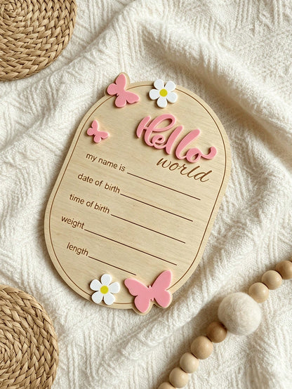 1pc Bow & Flower Decor Round 3D Hello World Wooden Birth Announcement Sign, Customizable Newborn Birth Information Name Memorial Plaque, Newborn Photo Prop, Baby Shower Welcome Party Keepsake Gift For