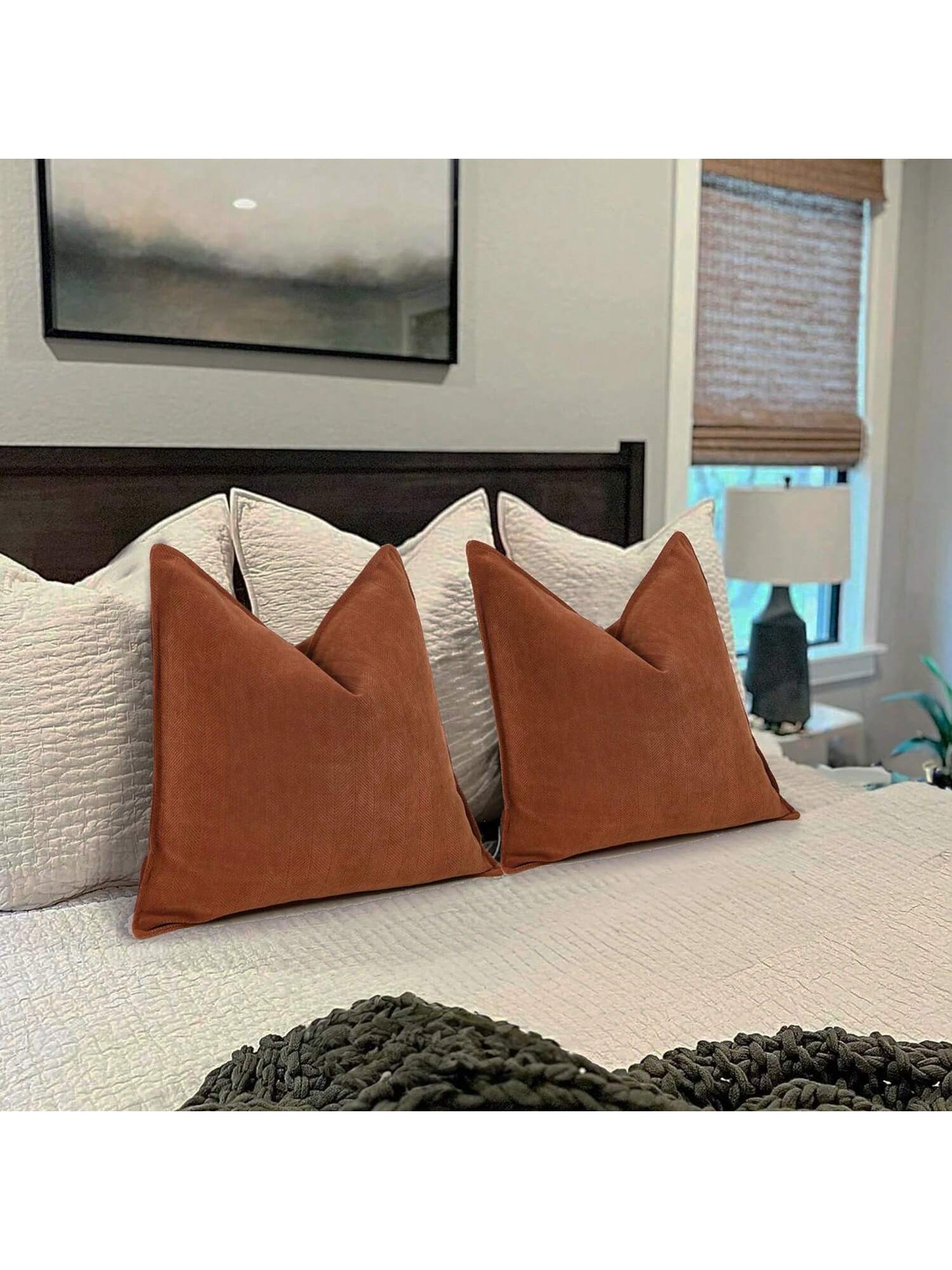 1pc Brick Red (Unfilled) Fishbone Pattern Piping Decorative Throw Pillow Case, Modern Luxurious Soft Chenille Piping Cushion Cover, Suitable For Sofa, Bed, Bedroom, Office, Hotel, All Season