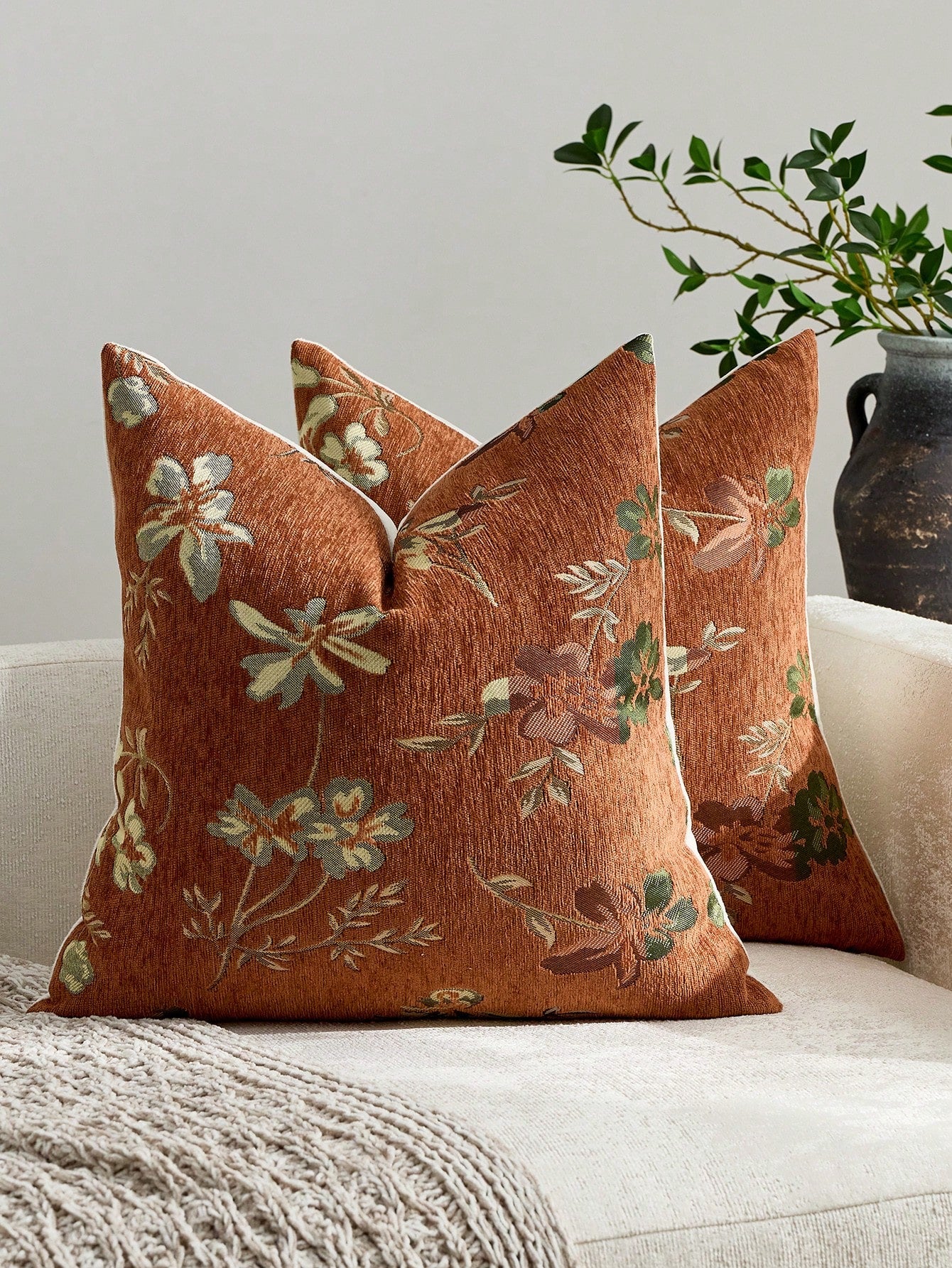 1pc Burnt Orange (No Insert) Floral Pattern Pillow Case, Modern Fashion Luxury Comfortable Soft Jacquard Cushion Cover, Suitable For Daily Home, Sofa, Bed, Bedroom, Living Room, Cafe, Exhibition Hall