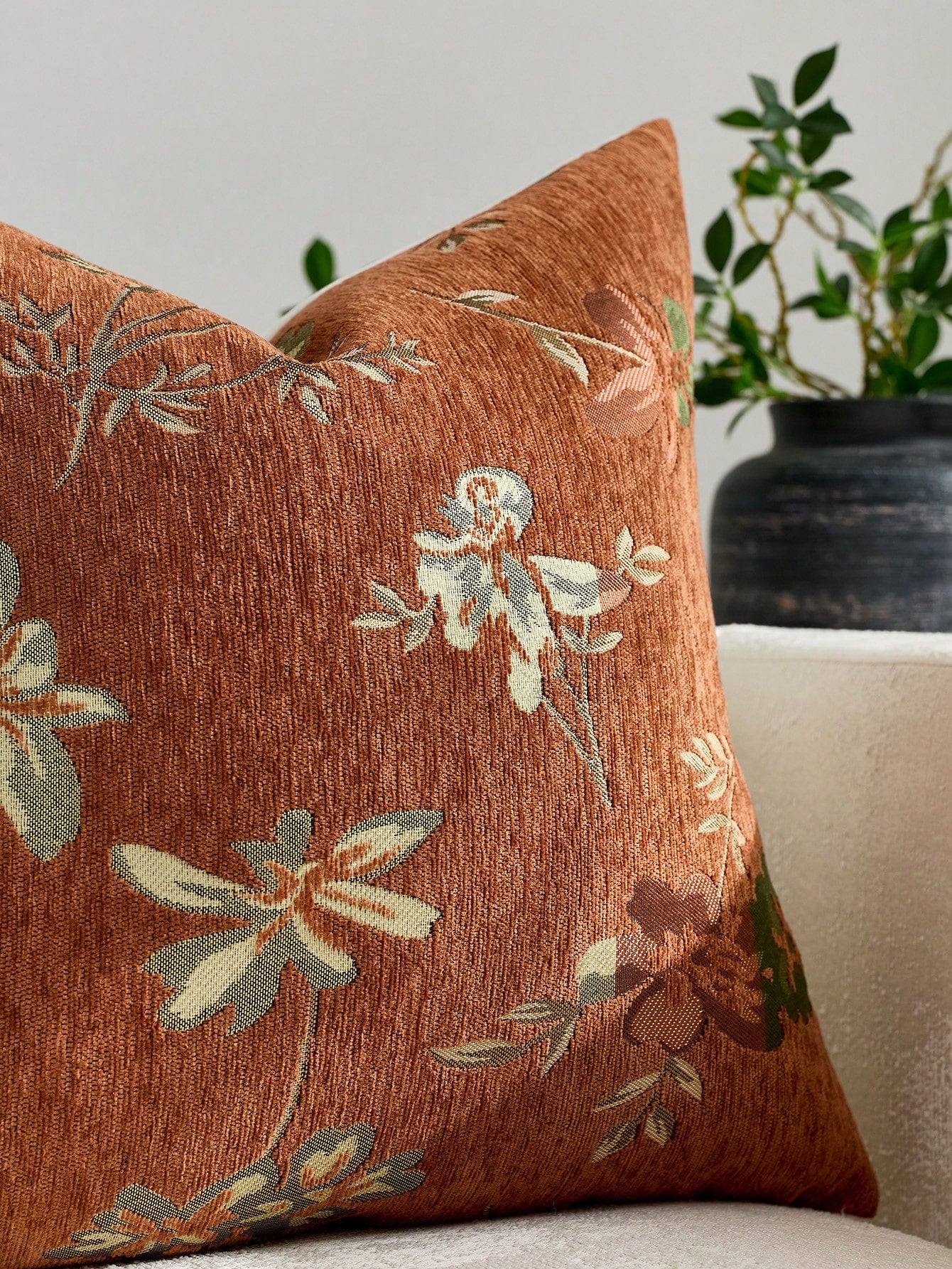 1pc Burnt Orange (No Insert) Floral Pattern Pillow Case, Modern Fashion Luxury Comfortable Soft Jacquard Cushion Cover, Suitable For Daily Home, Sofa, Bed, Bedroom, Living Room, Cafe, Exhibition Hall