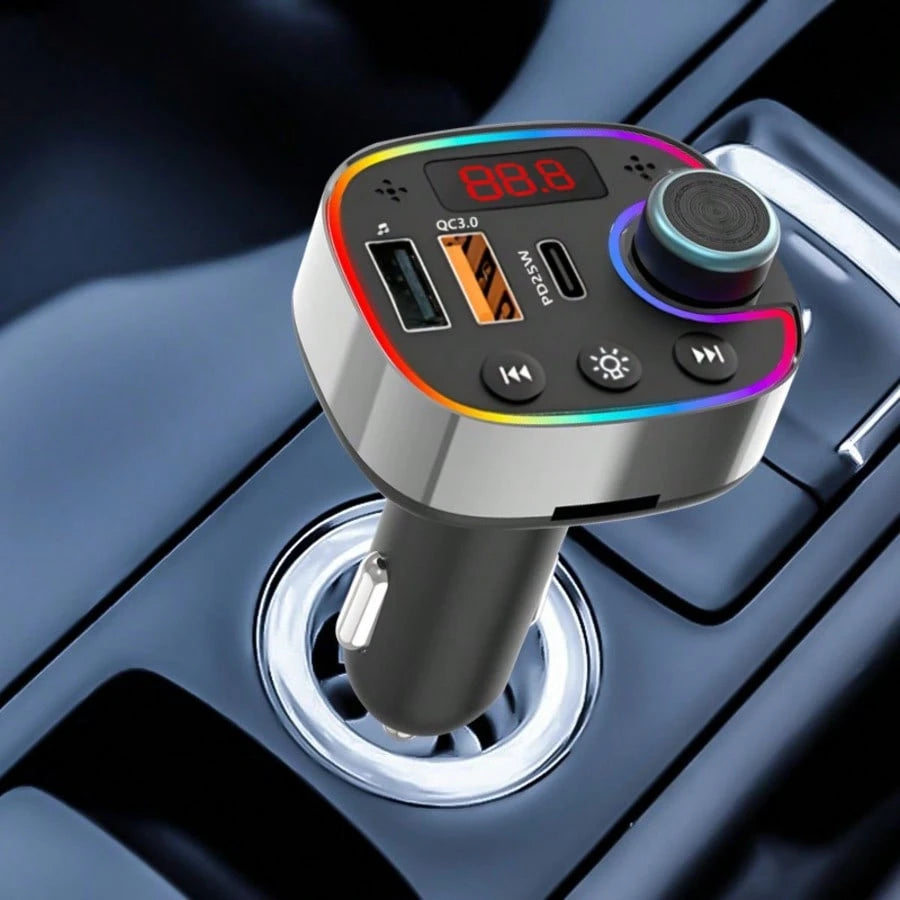 1pc Car Bluetooth Player With Display, Wireless Bluetooth Receiver, FM Transmitter, Type-C Dual USB QC3.0 25W PD Car Charger, Colorful Ambient Light Hands-Free Car Accessories