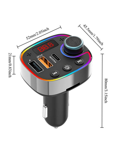 1pc Car Bluetooth Player With Display, Wireless Bluetooth Receiver, FM Transmitter, Type-C Dual USB QC3.0 25W PD Car Charger, Colorful Ambient Light Hands-Free Car Accessories