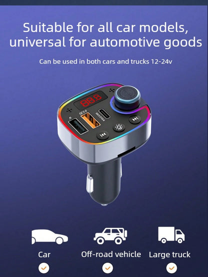 1pc Car Bluetooth Player With Display, Wireless Bluetooth Receiver, FM Transmitter, Type-C Dual USB QC3.0 25W PD Car Charger, Colorful Ambient Light Hands-Free Car Accessories