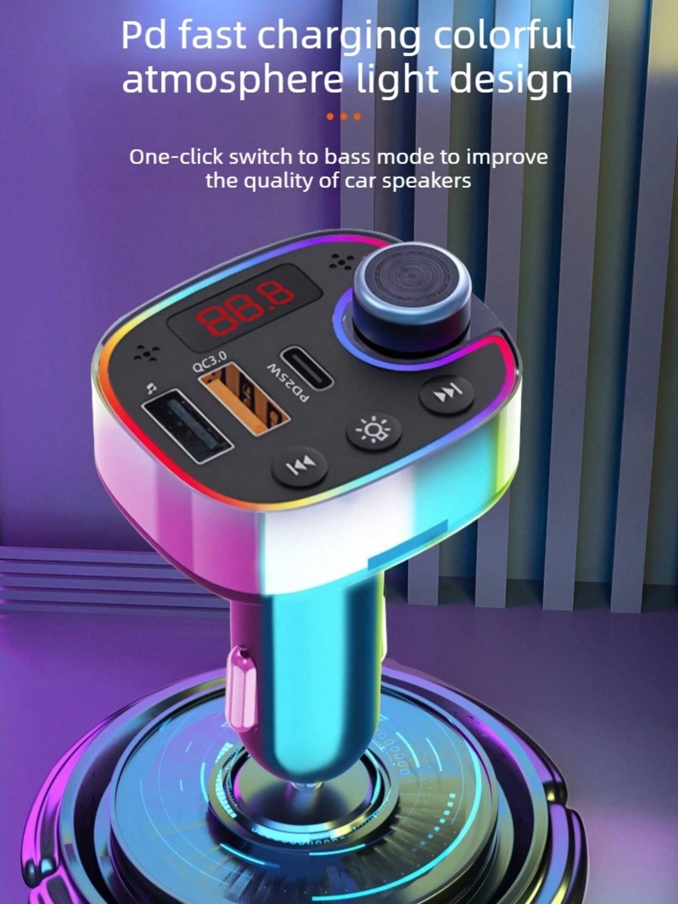 1pc Car Bluetooth Player With Display, Wireless Bluetooth Receiver, FM Transmitter, Type-C Dual USB QC3.0 25W PD Car Charger, Colorful Ambient Light Hands-Free Car Accessories