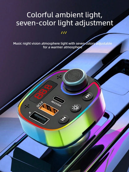 1pc Car Bluetooth Player With Display, Wireless Bluetooth Receiver, FM Transmitter, Type-C Dual USB QC3.0 25W PD Car Charger, Colorful Ambient Light Hands-Free Car Accessories