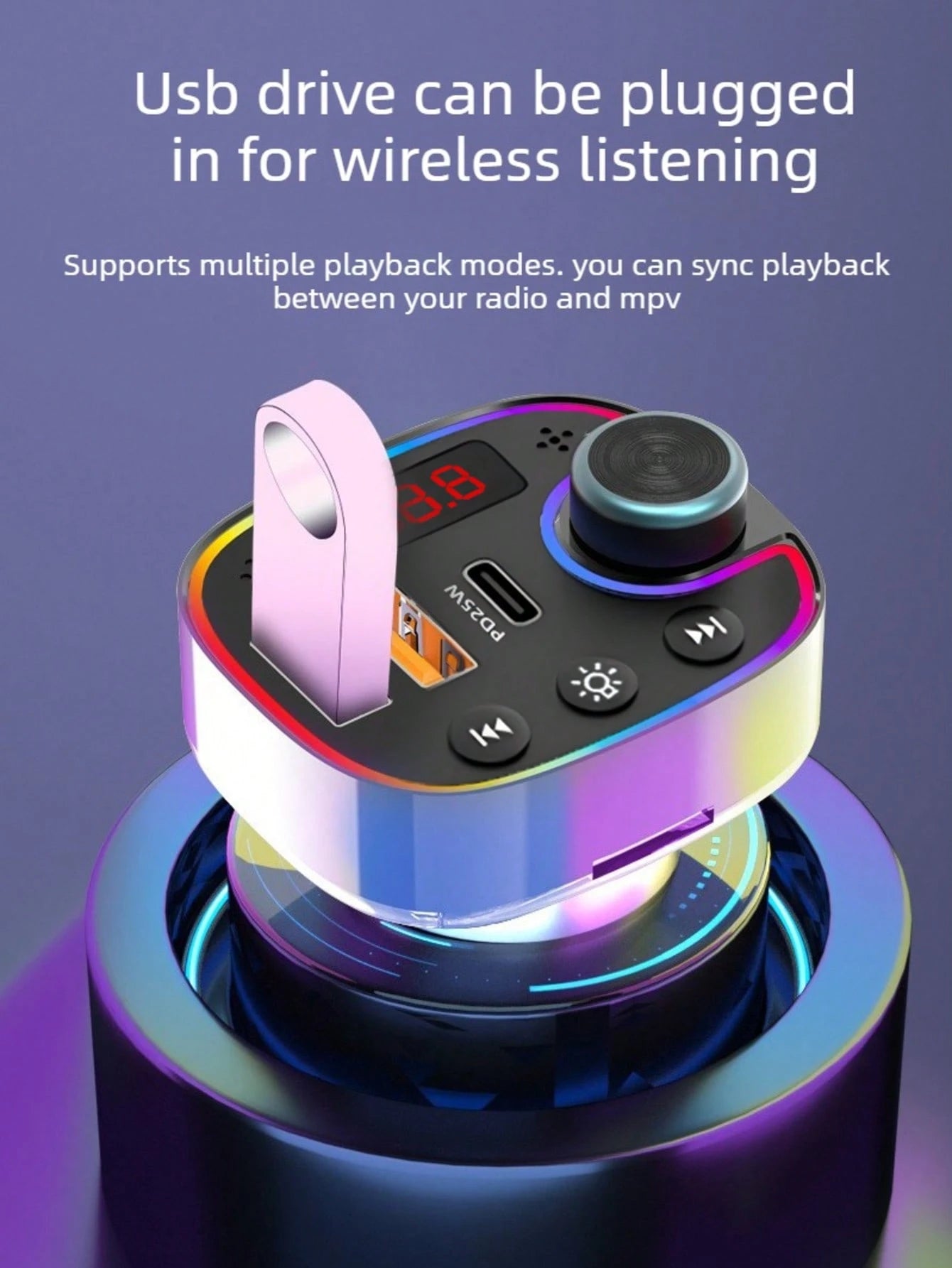 1pc Car Bluetooth Player With Display, Wireless Bluetooth Receiver, FM Transmitter, Type-C Dual USB QC3.0 25W PD Car Charger, Colorful Ambient Light Hands-Free Car Accessories