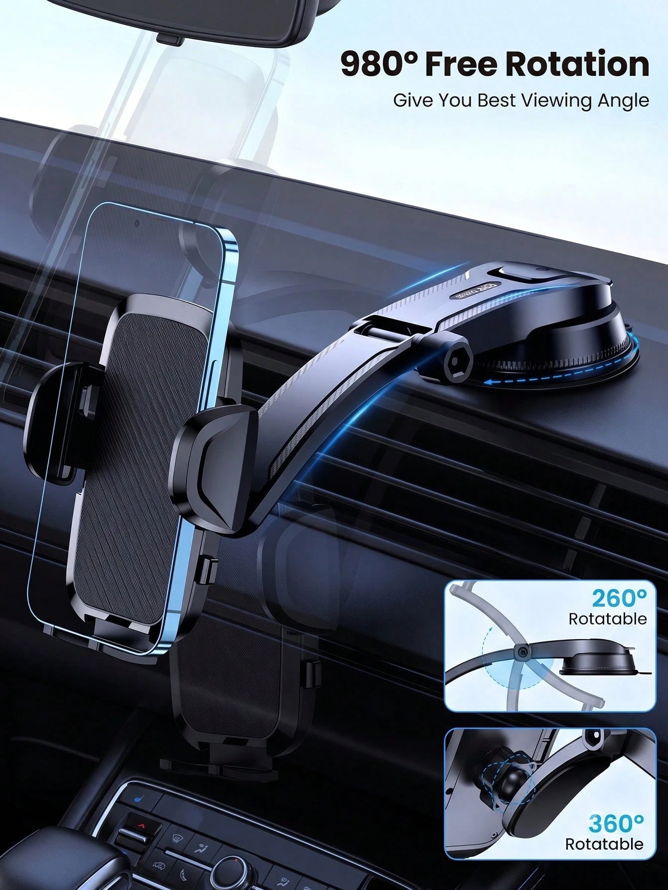 1pc Car Phone Holder Mount, Upgraded 360° Rotation Dashboard Stand, Strong Suction Handsfree Phone Mount, Universal Compatible For Car GPS Navigation