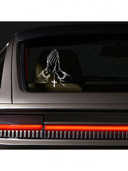 1pc Car Sticker, Praying Hand Gesture & Cross Pattern, Waterproof Self-Adhesive