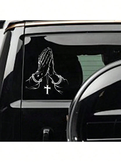1pc Car Sticker, Praying Hand Gesture & Cross Pattern, Waterproof Self-Adhesive