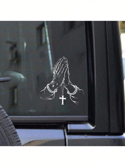 1pc Car Sticker, Praying Hand Gesture & Cross Pattern, Waterproof Self-Adhesive