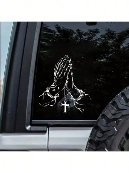 1pc Car Sticker, Praying Hand Gesture & Cross Pattern, Waterproof Self-Adhesive