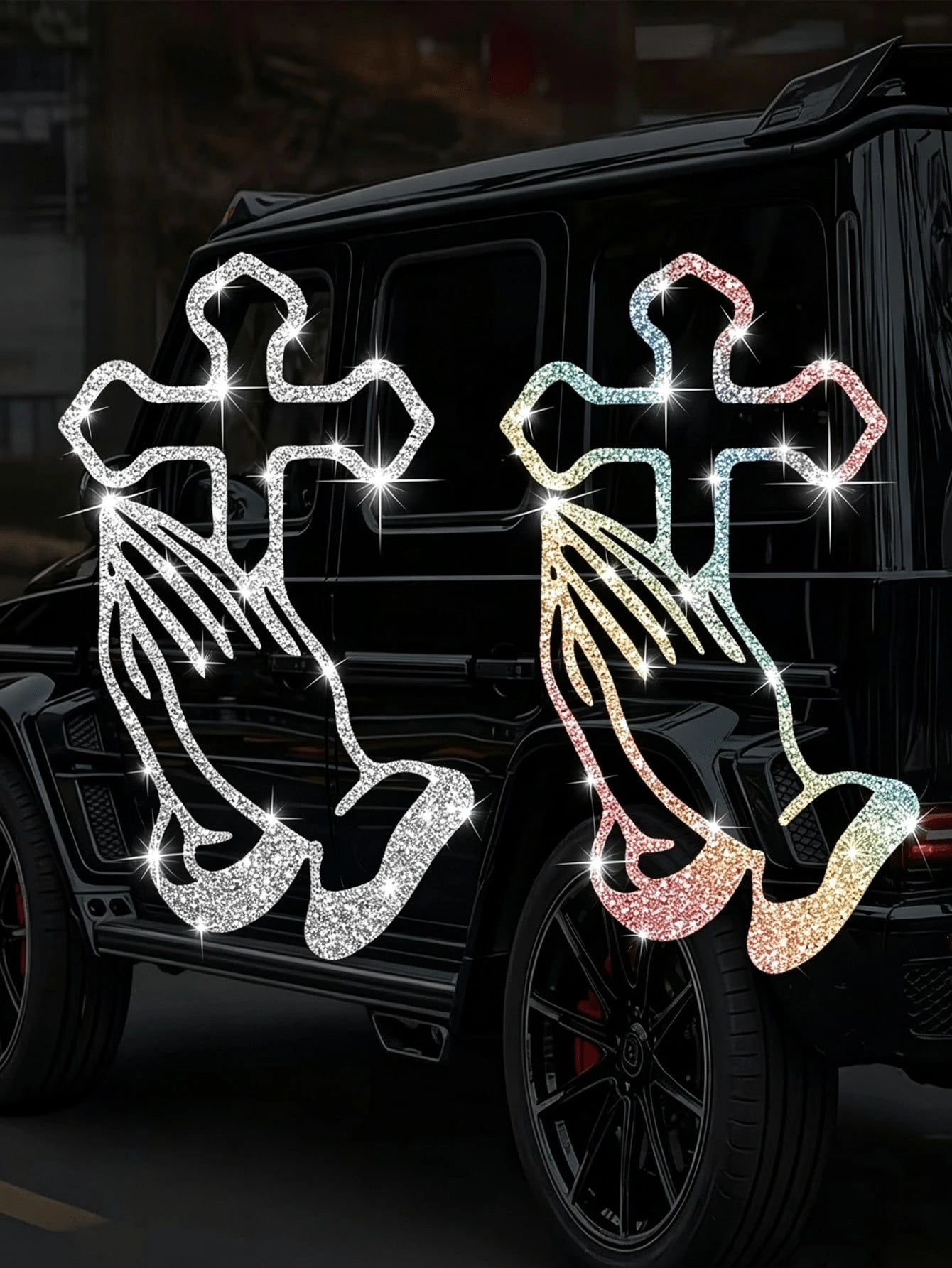 1pc Car Sticker With Hands Clasped In Prayer, Sparkly Sticker, Reflective Car Decal For Car Windows And Doors, Motorcycle Sticker, Laptop Sticker.