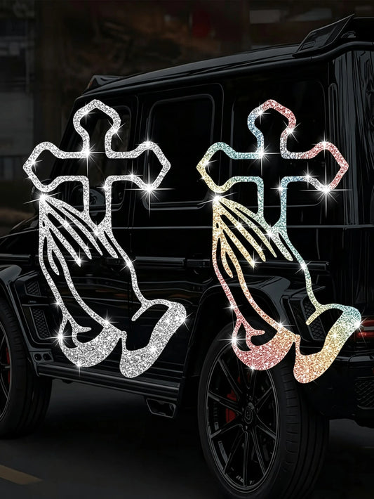 1pc Car Sticker With Hands Clasped In Prayer, Sparkly Sticker, Reflective Car Decal For Car Windows And Doors, Motorcycle Sticker, Laptop Sticker.