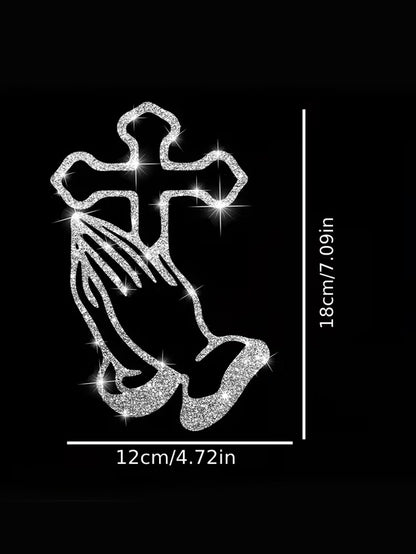 1pc Car Sticker With Hands Clasped In Prayer, Sparkly Sticker, Reflective Car Decal For Car Windows And Doors, Motorcycle Sticker, Laptop Sticker.