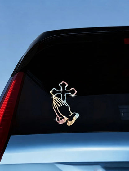 1pc Car Sticker With Hands Clasped In Prayer, Sparkly Sticker, Reflective Car Decal For Car Windows And Doors, Motorcycle Sticker, Laptop Sticker.