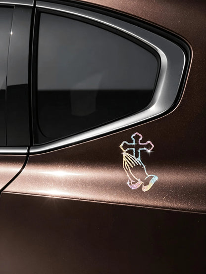 1pc Car Sticker With Hands Clasped In Prayer, Sparkly Sticker, Reflective Car Decal For Car Windows And Doors, Motorcycle Sticker, Laptop Sticker.