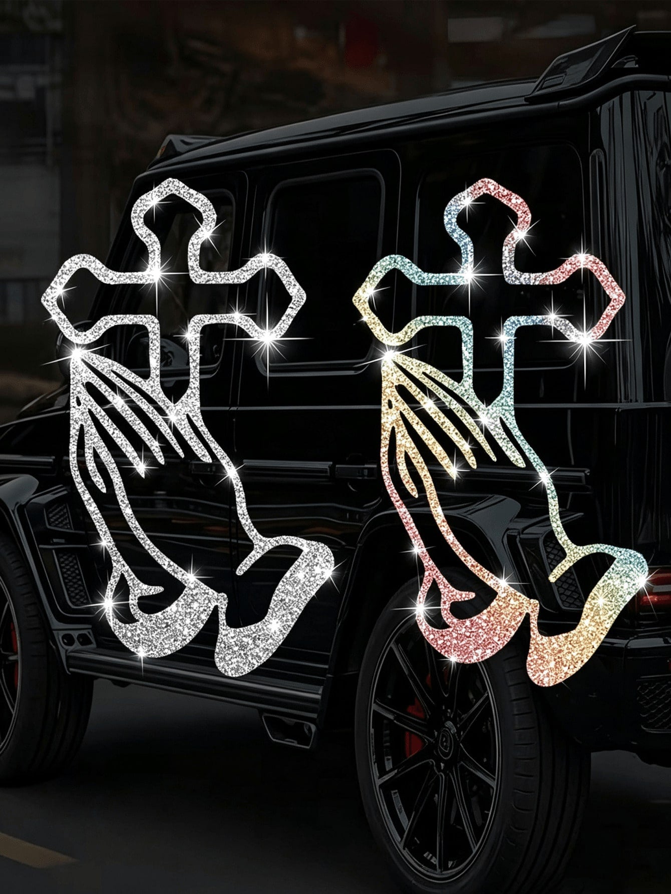 1pc Car Sticker With Hands Clasped In Prayer, Sparkly Sticker, Reflective Car Decal For Car Windows And Doors, Motorcycle Sticker, Laptop Sticker.