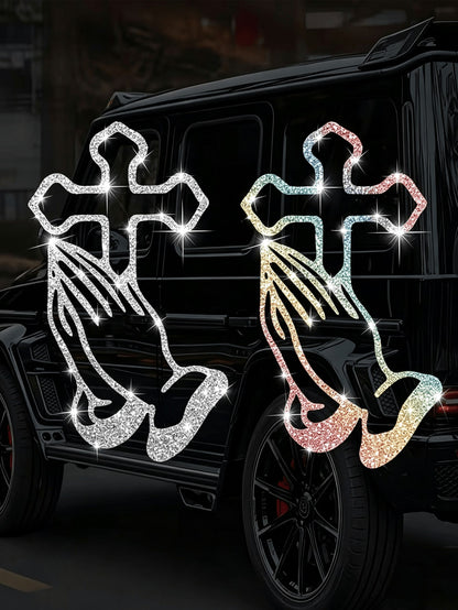 1pc Car Sticker With Hands Clasped In Prayer, Sparkly Sticker, Reflective Car Decal For Car Windows And Doors, Motorcycle Sticker, Laptop Sticker.
