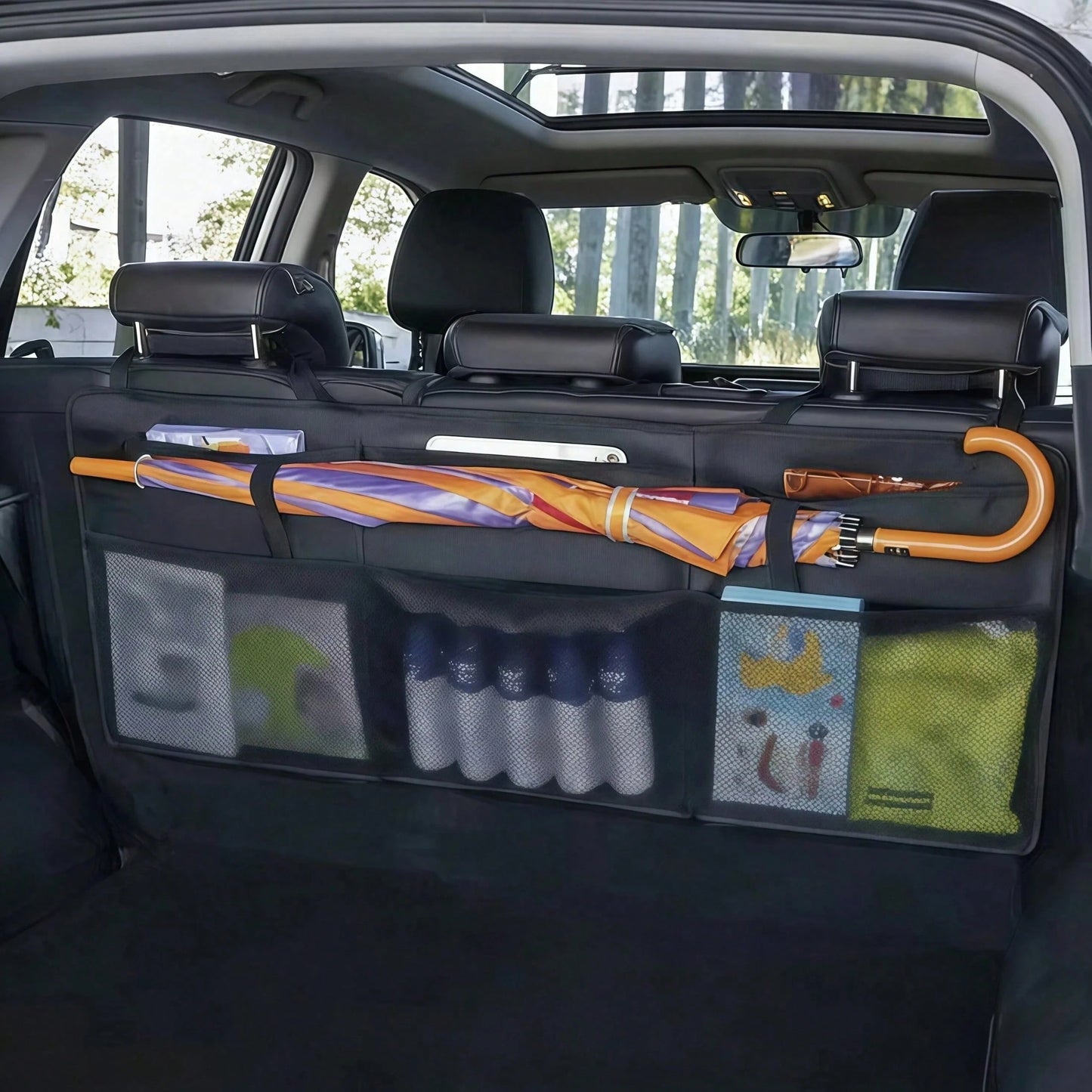 1pc Car Trunk Organizer Storage Bag Mesh Bag Organizer Bag SUV MPV Trunk Rear Seat Storage Bag Umbrella Holder Racket Holder