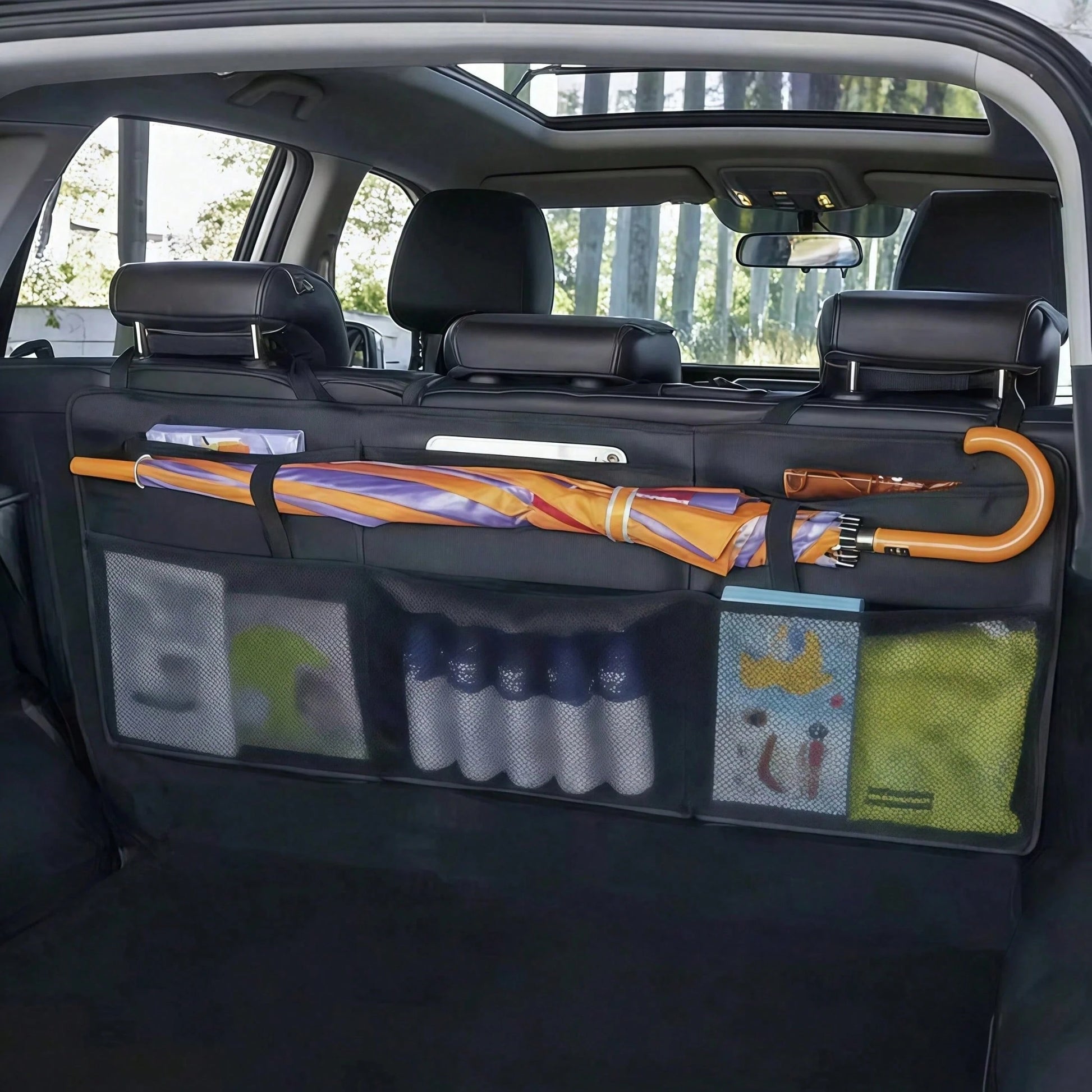 1pc Car Trunk Organizer Storage Bag Mesh Bag Organizer Bag SUV MPV Trunk Rear Seat Storage Bag Umbrella Holder Racket Holder