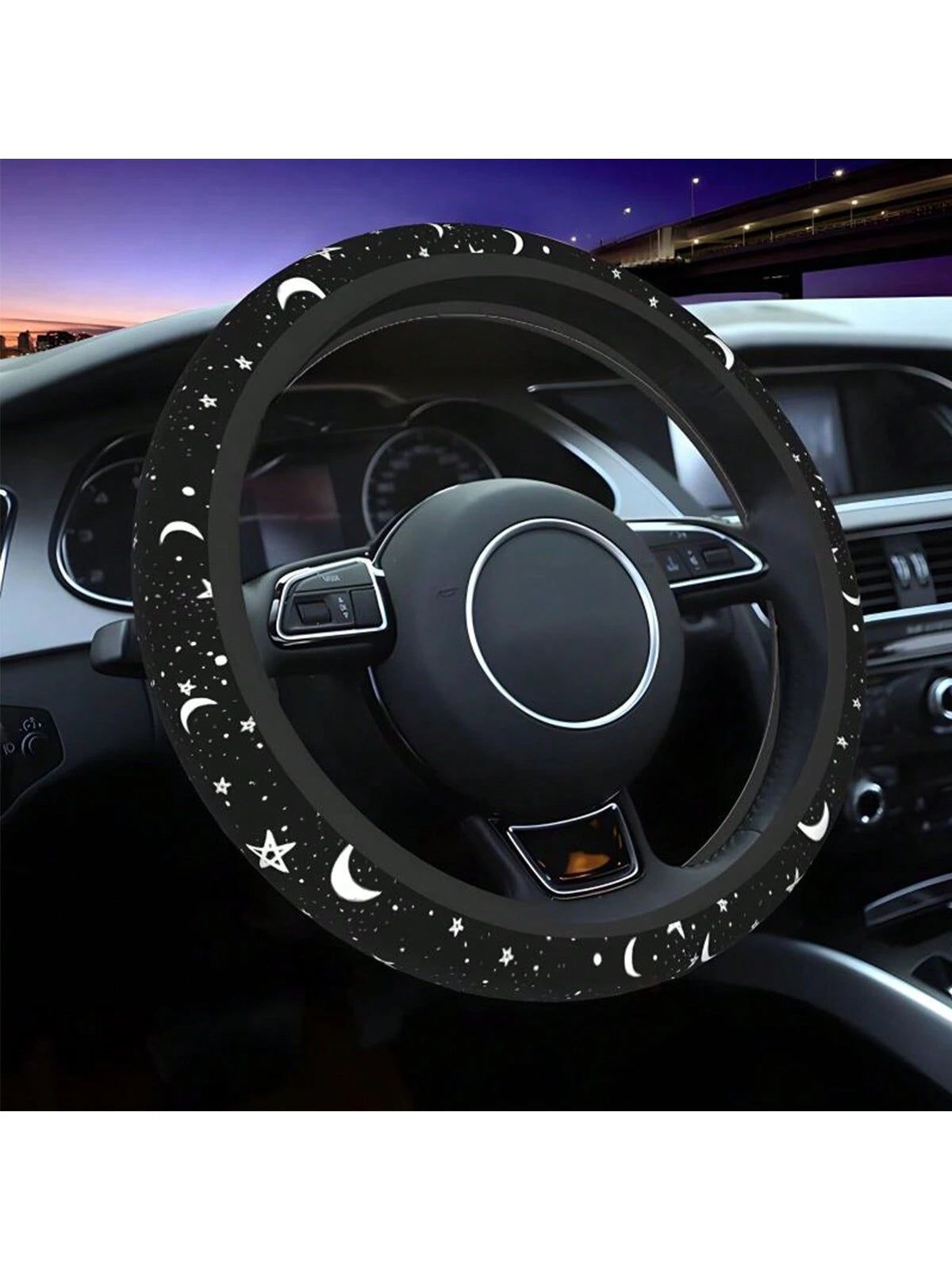 1pc Chic Car Steering Wheel Cover With Star & Moon Pattern, New Design, Non-Slip, No Inner Ring, Decorative Interior Car Accessories