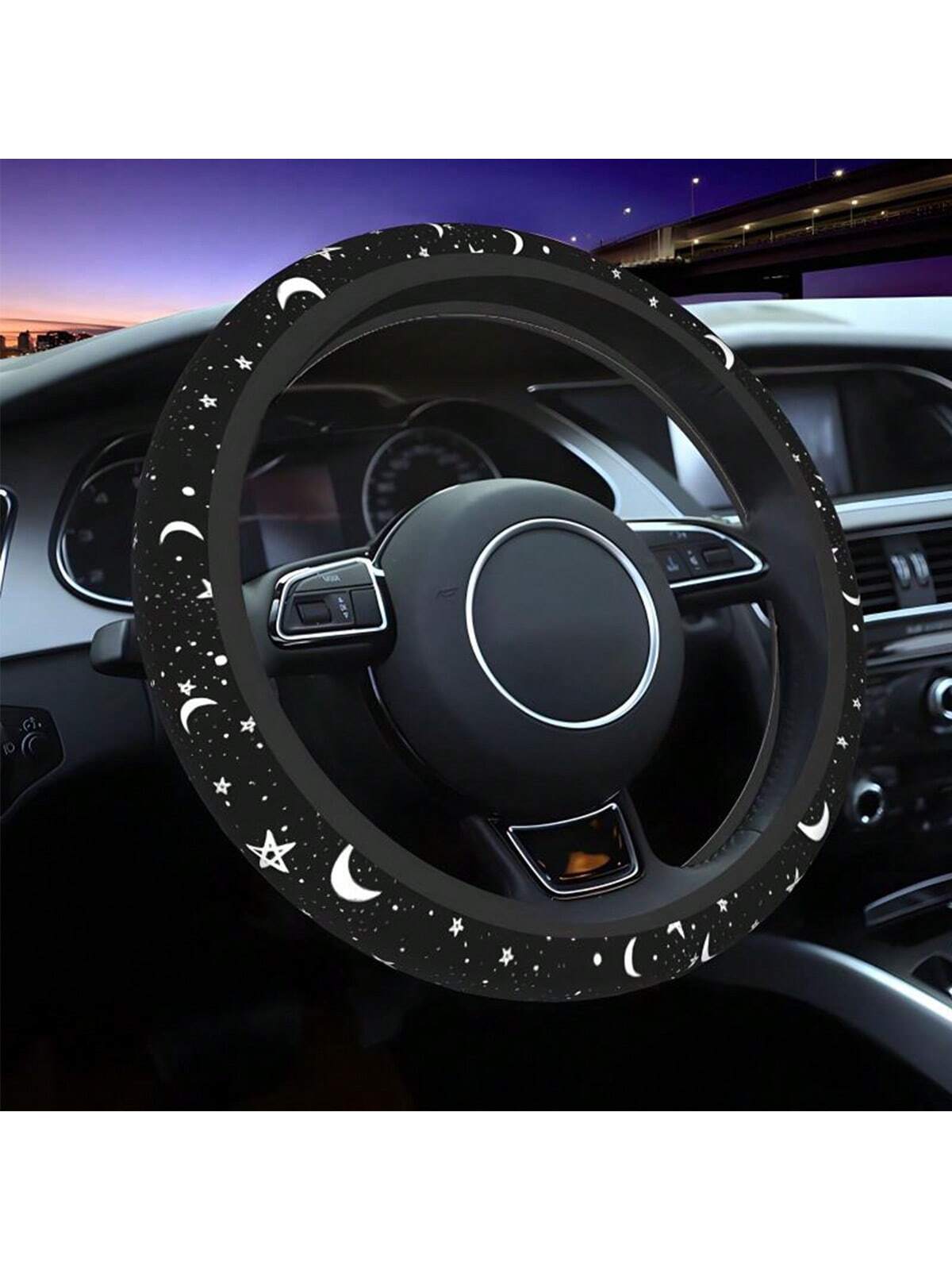1pc Chic Car Steering Wheel Cover With Star & Moon Pattern, New Design, Non-Slip, No Inner Ring, Decorative Interior Car Accessories