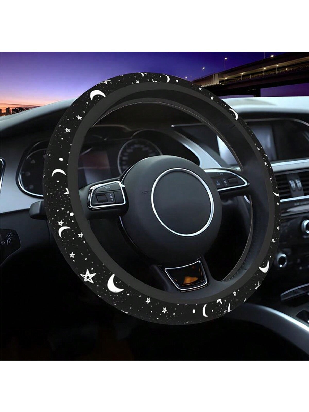 1pc Chic Car Steering Wheel Cover With Star & Moon Pattern, New Design, Non-Slip, No Inner Ring, Decorative Interior Car Accessories