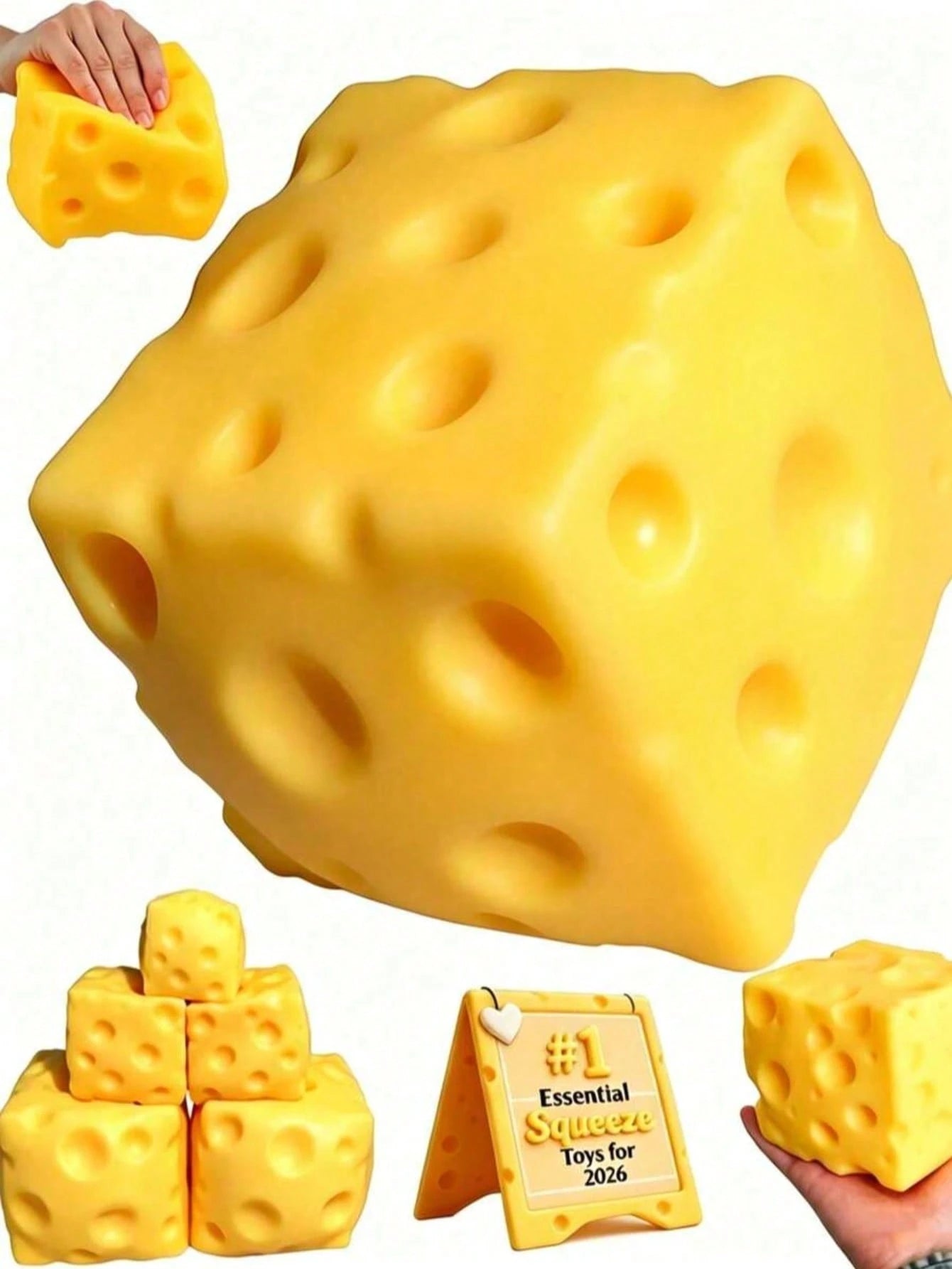 1PC Children Cheese Crunchy Squishy Toy, Oversized Cube Cheese Stress Relief Squeezable Ball, Non Rebound Fingertip Fidget Squishies, Holiday Gift Decompression Toy Soft Cheese