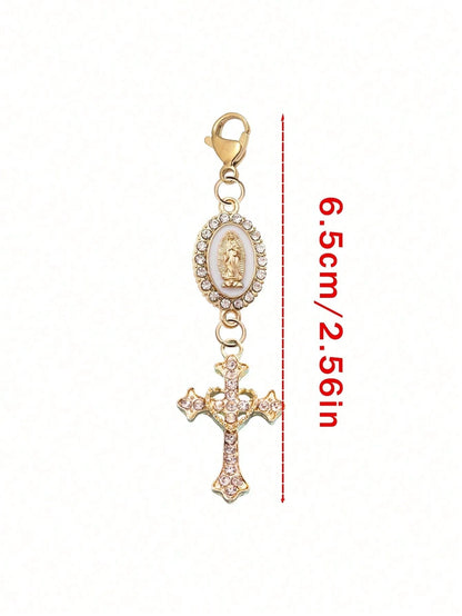 1pc Christian Keychain Charm, Virgin Mary & Crystal Heart Cross Pendant, Bag/Car Key Chain Accessory