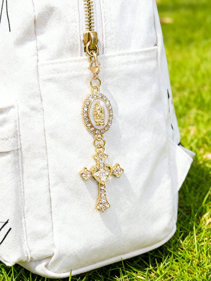 1pc Christian Keychain Charm, Virgin Mary & Crystal Heart Cross Pendant, Bag/Car Key Chain Accessory
