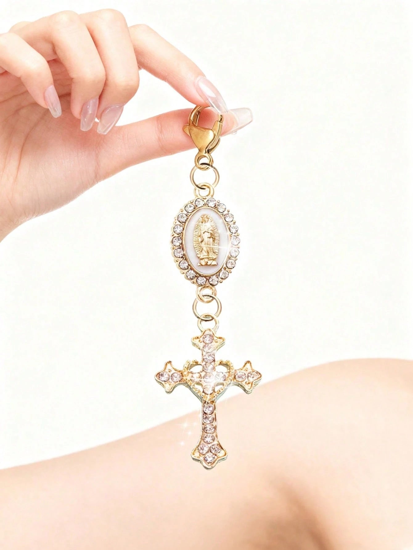 1pc Christian Keychain Charm, Virgin Mary & Crystal Heart Cross Pendant, Bag/Car Key Chain Accessory