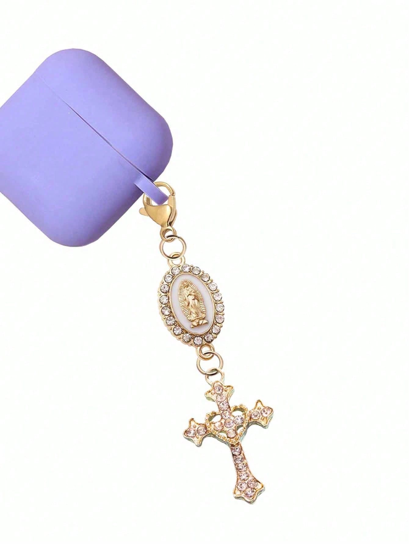 1pc Christian Keychain Charm, Virgin Mary & Crystal Heart Cross Pendant, Bag/Car Key Chain Accessory