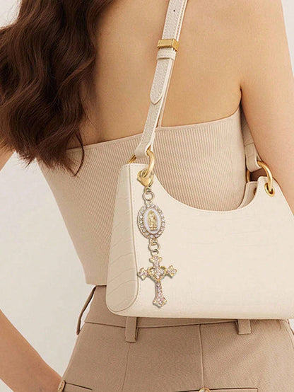 1pc Christian Keychain Charm, Virgin Mary & Crystal Heart Cross Pendant, Bag/Car Key Chain Accessory