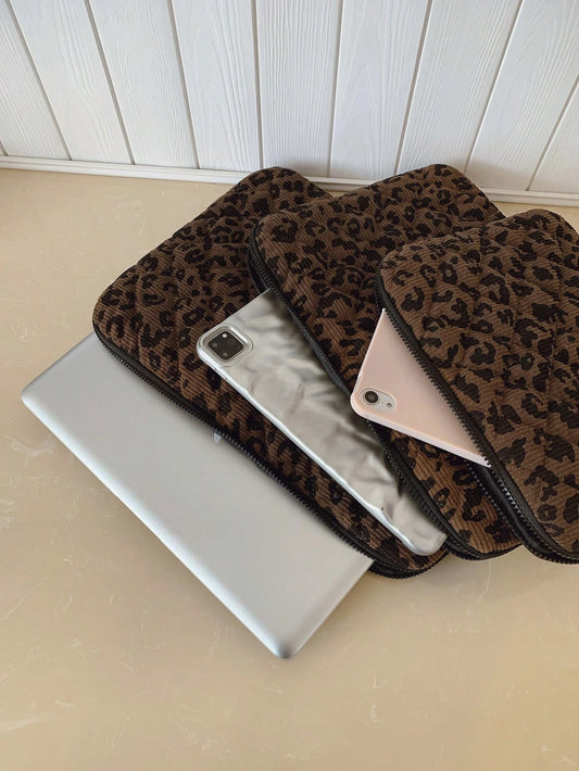 1pc Corduroy Student Laptop Sleeve, Fits 11"/13"/15" Laptops, Leopard Print Casual Unisex Protective Case, Compact & Portable, Can Be Used As Document Bag, Laptop Sleeve, Laptop Carrying Bag, Suitable