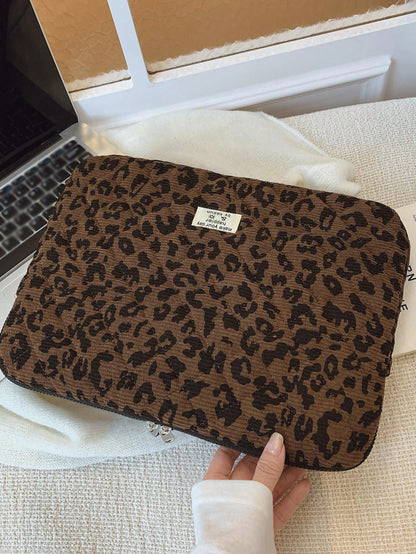 1pc Corduroy Student Laptop Sleeve, Fits 11"/13"/15" Laptops, Leopard Print Casual Unisex Protective Case, Compact & Portable, Can Be Used As Document Bag, Laptop Sleeve, Laptop Carrying Bag, Suitable