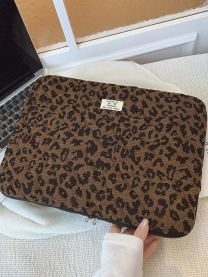 1pc Corduroy Student Laptop Sleeve, Fits 11"/13"/15" Laptops, Leopard Print Casual Unisex Protective Case, Compact & Portable, Can Be Used As Document Bag, Laptop Sleeve, Laptop Carrying Bag, Suitable